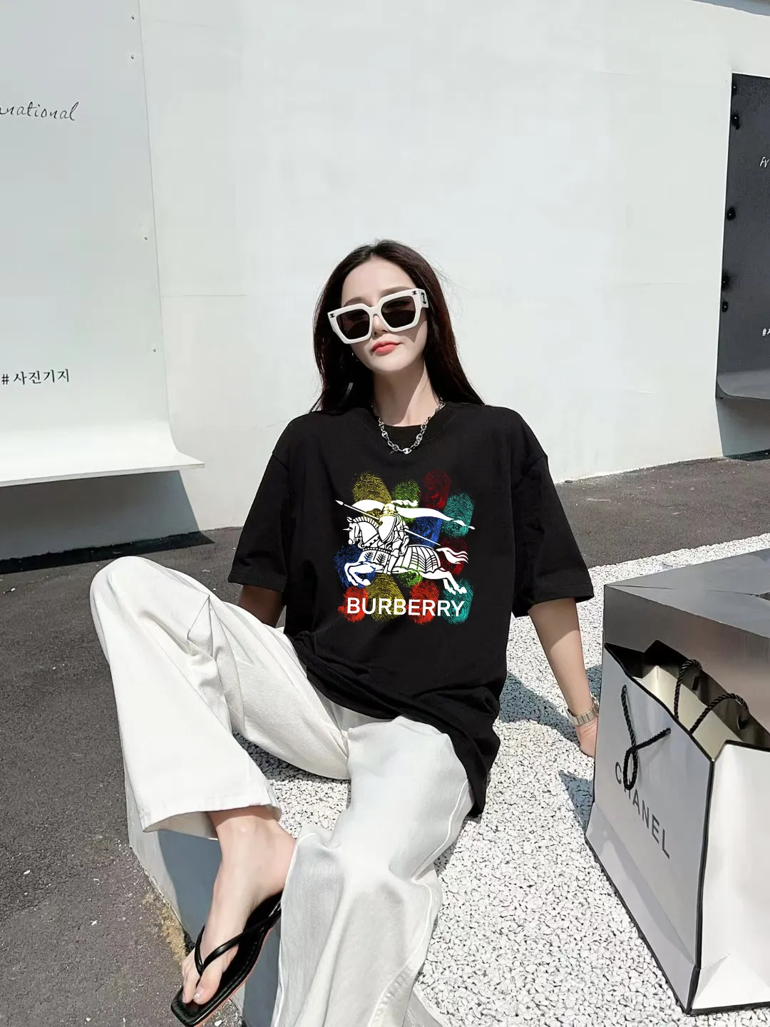 P80✨🔥 [Burberry] 2025FW short-sleeved T-shirt, printed logo Premium 26s double yarn 300g fabric, heavy fabric, custom stretcher rib, same vat and same dye, complete three labels, same style for men and women, Color: Black White Green Size: S M L XL 2XL